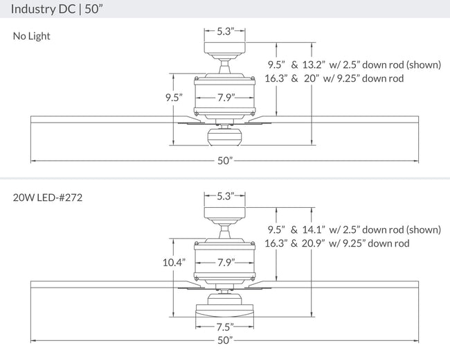 Modern Fan Co Industry DC 50" Ceiling Fan - Damp Rated - dimension drawing (IND-50-LineDrawing.jpg) [Modern Fan Co-IND-GV-50-WH-NL-WC|CUSTOM|13]