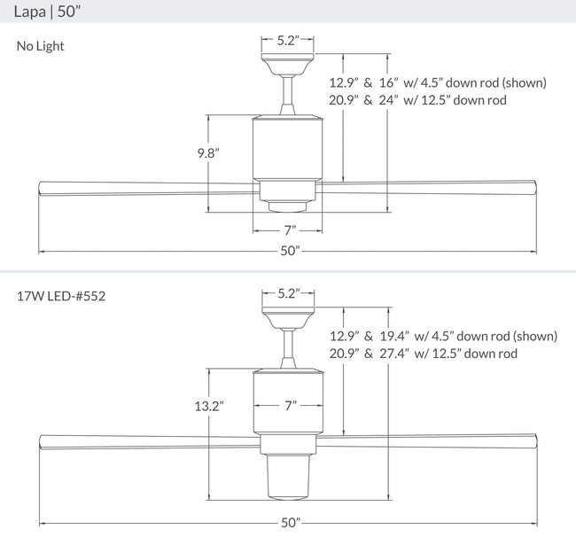 Modern Fan Co Lapa 50" Ceiling Fan - Damp Rated - dimension drawing (LAP-50-LineDrawing.jpg) [Modern Fan Co-LAP-GW-50-WH-NL-001|CUSTOM|15]