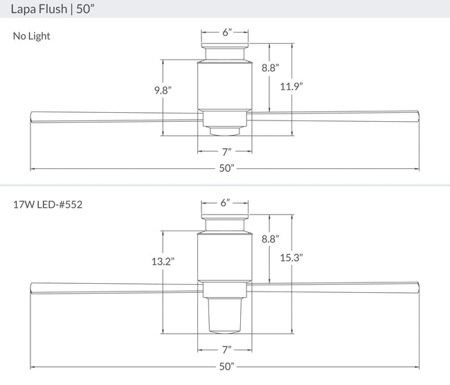Modern Fan Co Lapa 50" Flush Mount Ceiling Fan - Damp Rated - dimension drawing (LAP-FM-50-LineDrawing.jpg) [Modern Fan Co-LAP-FM-GW-50-WH-NL-001|CUSTOM|8]