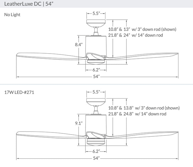 Modern Fan Co LeatherLuxe DC 54" Ceiling Fan - dimension drawing (LLX-54-LineDrawing.jpg) [Modern Fan Co-LLX-GWIV-54-EB-NL-WC|CUSTOM|15]