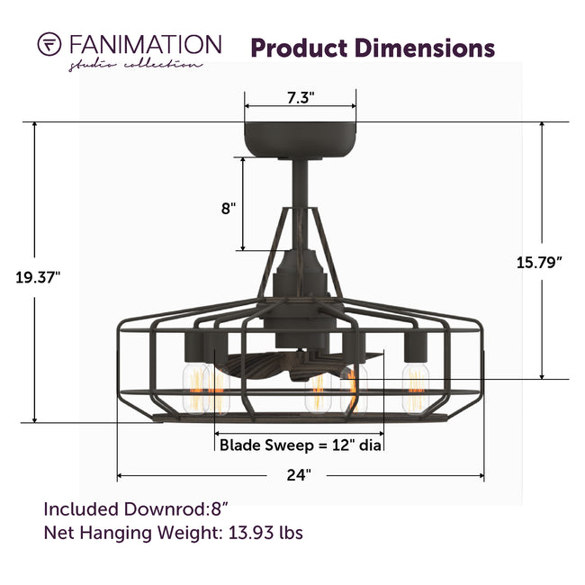 Fanimation LP3072LGR Archive - 24 inch - GR with WE Blades and LED LK: product dimensions diagram [Fanimation-LP3072LGR|CUSTOM|5]
