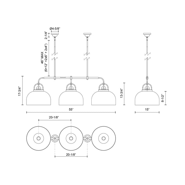 Lancaster 55" 3-Light Linear Pendant - dimension drawing [Alora-LP461155CH|CUSTOM|1]
