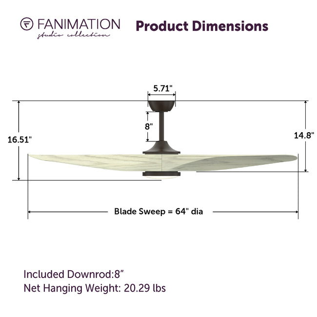 Fanimation LP6821LAZ Yardley - 64 inch - AZ with Light Oak Blade and LED LK: product dimensions diagram [Fanimation-LP6821LAZ|CUSTOM|5]