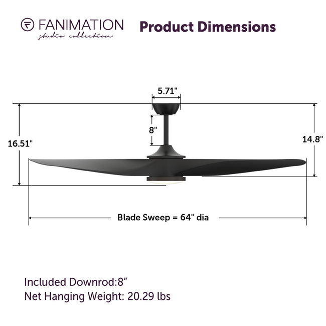 Fanimation LP6821LBL Yardley - 64 inch - BL with BL Blade and LED LK: product dimensions diagram [Fanimation-LP6821LBL|CUSTOM|5]