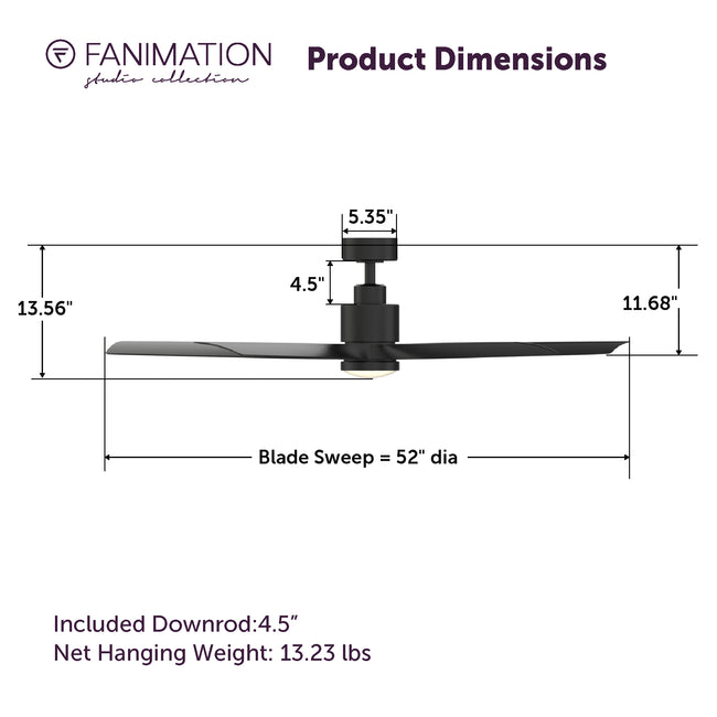 Fanimation LP6834LBL Kwint - 52 inch - BL with BL Blades and LED LK: product dimensions diagram [Fanimation-LP6834LBL|CUSTOM|5]