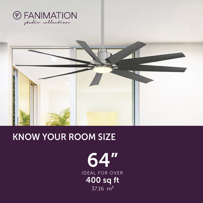 Fanimation LP6864LBN SixtyFour - 64 inch - BN with BL Blade and LED LK: room size guide [Fanimation-LP6864LBN|CUSTOM|4]