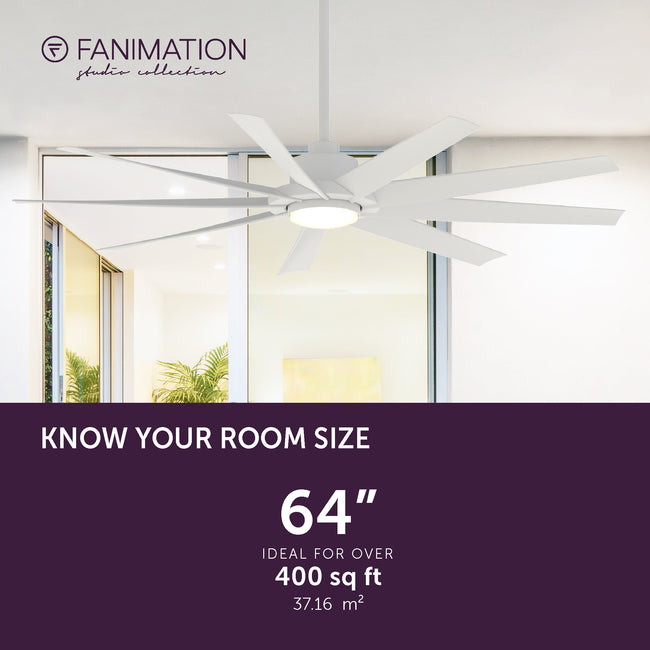 Fanimation LP6864LMW SixtyFour - 64 inch - MW with MW Blade and LED LK: room size guide [Fanimation-LP6864LMW|CUSTOM|4]
