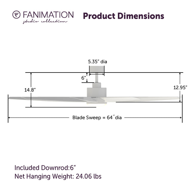 Fanimation LP6864LMW SixtyFour - 64 inch - MW with MW Blade and LED LK: product dimensions diagram [Fanimation-LP6864LMW|CUSTOM|5]