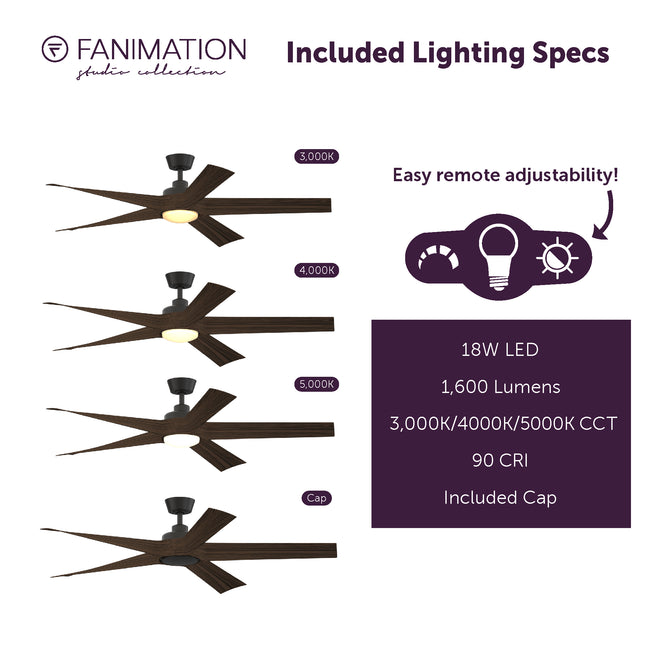 Fanimation LP7614LAZ Radius - 60 inch - AZ with Bourbon Blades and LED LK: included lighting specs [Fanimation-LP7614LAZ|CUSTOM|7]