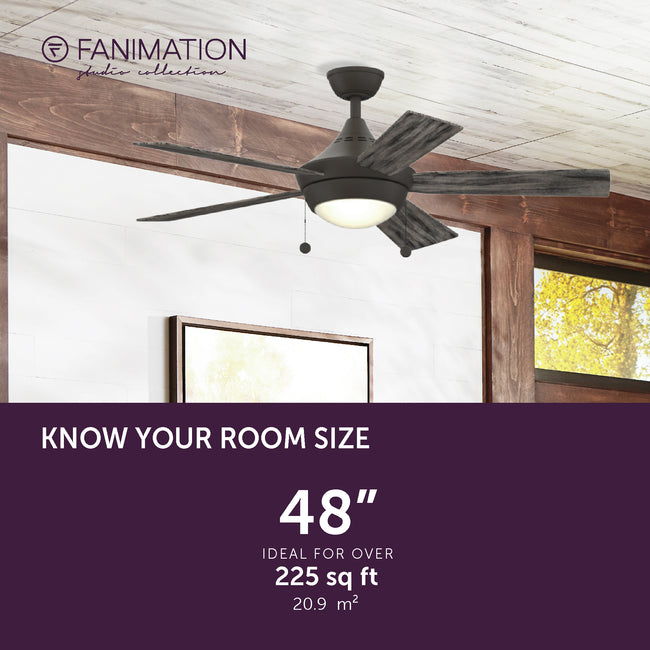 Fanimation LP7653LGR AireDrop Pull Chain - 48 inch - GR with WE and LED LK: room size guide [Fanimation-LP7653LGR|CUSTOM|4]