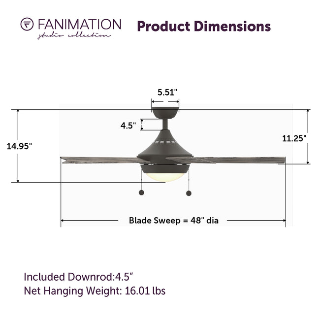 Fanimation LP7653LGR AireDrop Pull Chain - 48 inch - GR with WE and LED LK: product dimensions diagram [Fanimation-LP7653LGR|CUSTOM|5]