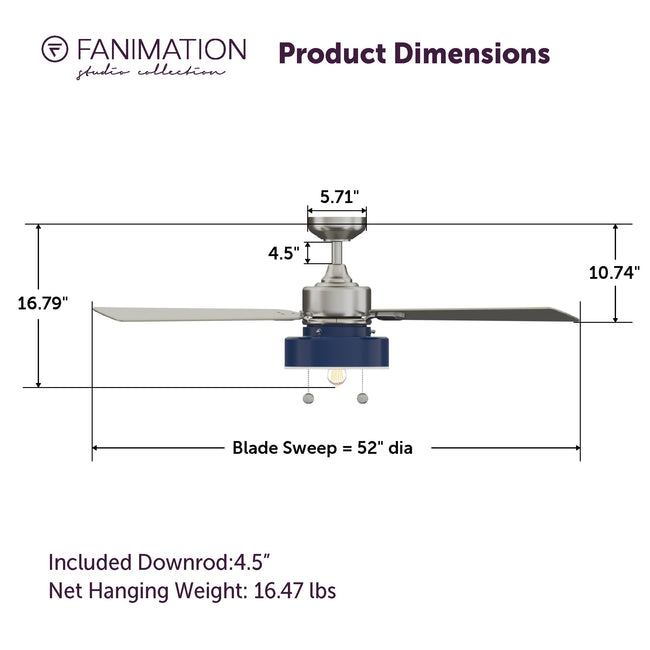 Fanimation LP7678LBN Navy - 52 inch - BN with GRY Blades and LED LK: product dimensions diagram [Fanimation-LP7678LBN|CUSTOM|5]