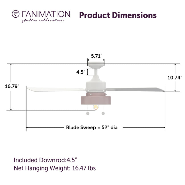 Fanimation LP7678LMW Blush - 52 inch - MW with MW Blades and LED LK: product dimensions diagram [Fanimation-LP7678LMW|CUSTOM|5]
