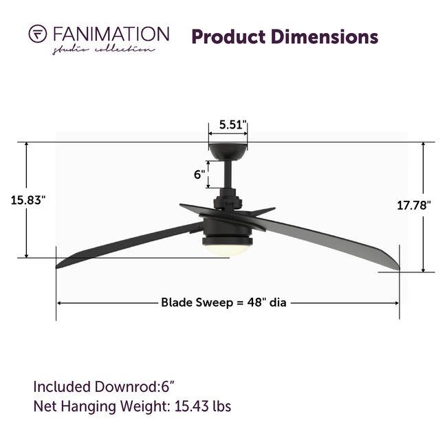 Fanimation LP8066LBL AireDuo - 48 inch - BL with BL Blades and LED LK: product dimensions diagram [Fanimation-LP8066LBL|CUSTOM|5]