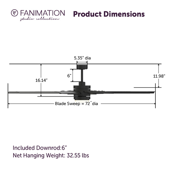 Fanimation LP8147SLBL Slinger - 72 inch - BL with BL Blades and LED LK: product dimensions diagram [Fanimation-LP8147SLBL|CUSTOM|5]