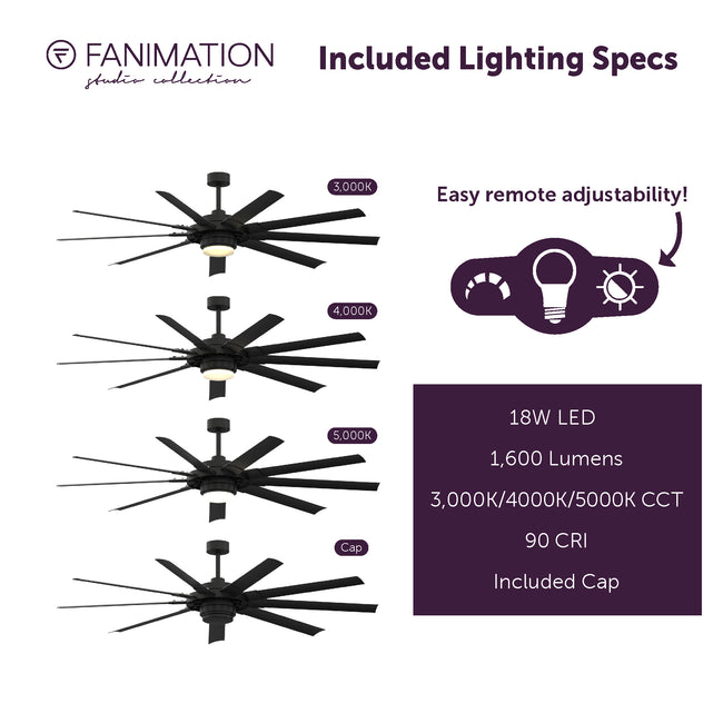 Fanimation LP8147SLBL Slinger - 72 inch - BL with BL Blades and LED LK: included lighting specs [Fanimation-LP8147SLBL|CUSTOM|7]