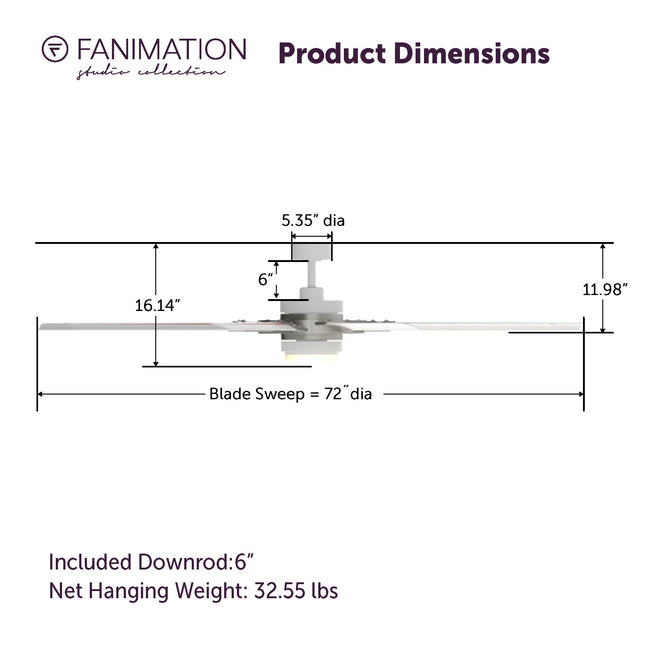 Fanimation LP8147SLMWBN Slinger - 72 inch - BN with MW Blades and LED LK: product dimensions diagram [Fanimation-LP8147SLMWBN|CUSTOM|3]