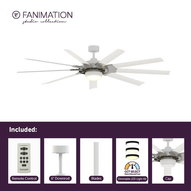 Fanimation LP8147SLMWBN Slinger - 72 inch - BN with MW Blades and LED LK: product photo with what's-included strip [Fanimation-LP8147SLMWBN|CUSTOM|1]