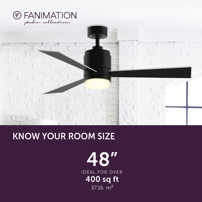 Fanimation LP8277LBL Pylon - 48 inch - BL with BL/SL Blades and LED LK: room size guide [Fanimation-LP8277LBL|CUSTOM|4]