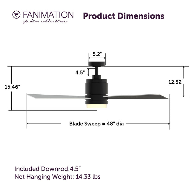 Fanimation LP8277LBL Pylon - 48 inch - BL with BL/SL Blades and LED LK: product dimensions diagram [Fanimation-LP8277LBL|CUSTOM|5]