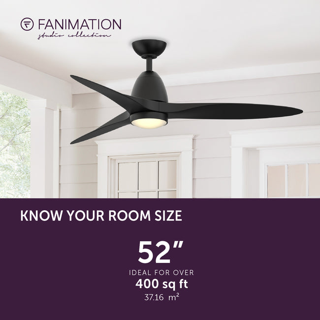 Fanimation LP8333LBL Prop - 52 inch - BL with BL Blade and LED LK: room size guide [Fanimation-LP8333LBL|CUSTOM|4]