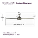 Fanimation LP8359LBN Covert - 64 inch - BN with GRY Blades and LED LK: product dimensions diagram [Fanimation-LP8359LBN|CUSTOM|5]