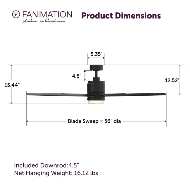 Fanimation LP8377LBL Blitz - 56 inch - BL with BL Blades and LED LK: product dimensions diagram [Fanimation-LP8377LBL|CUSTOM|5]