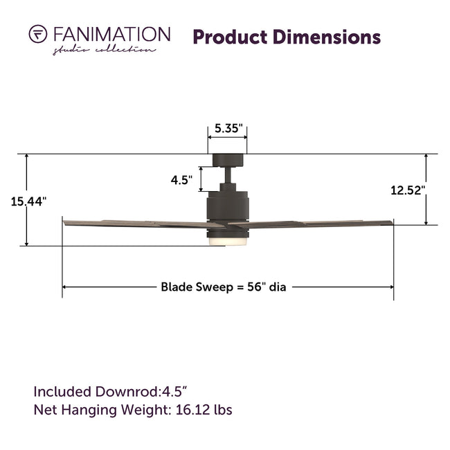 Fanimation LP8377LGR Blitz - 56 inch - GR with WE Blades and LED LK: product dimensions diagram [Fanimation-LP8377LGR|CUSTOM|5]