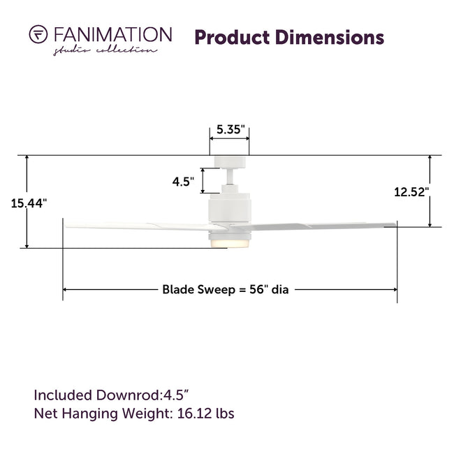 Fanimation LP8377LMW Blitz - 56 inch - MW with MW Blades and LED LK: product dimensions diagram [Fanimation-LP8377LMW|CUSTOM|5]