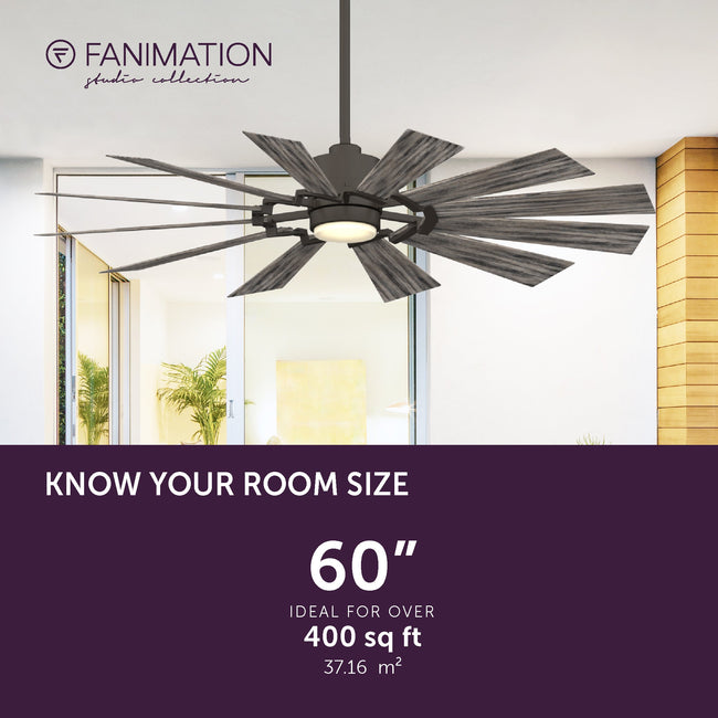 Fanimation LP8543LGR Kindred - 60 inch - GR with WE Blades and LED LK: room size guide [Fanimation-LP8543LGR|CUSTOM|4]