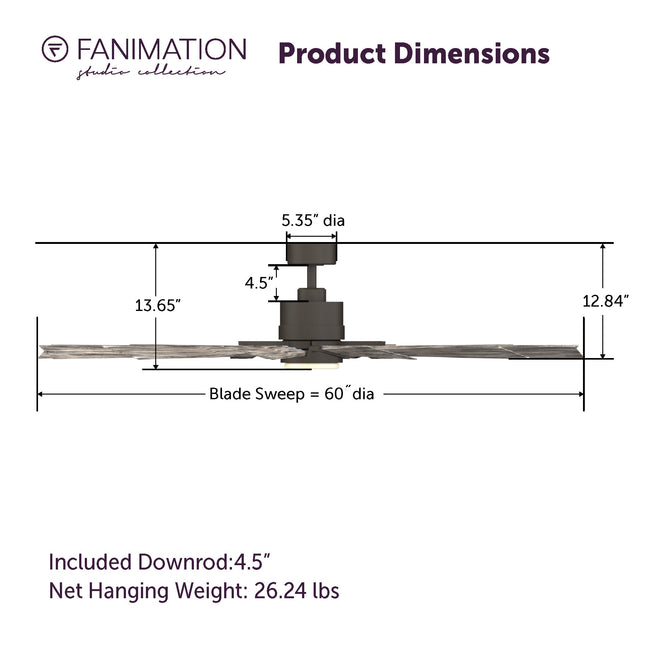 Fanimation LP8543LGR Kindred - 60 inch - GR with WE Blades and LED LK: product dimensions diagram [Fanimation-LP8543LGR|CUSTOM|5]