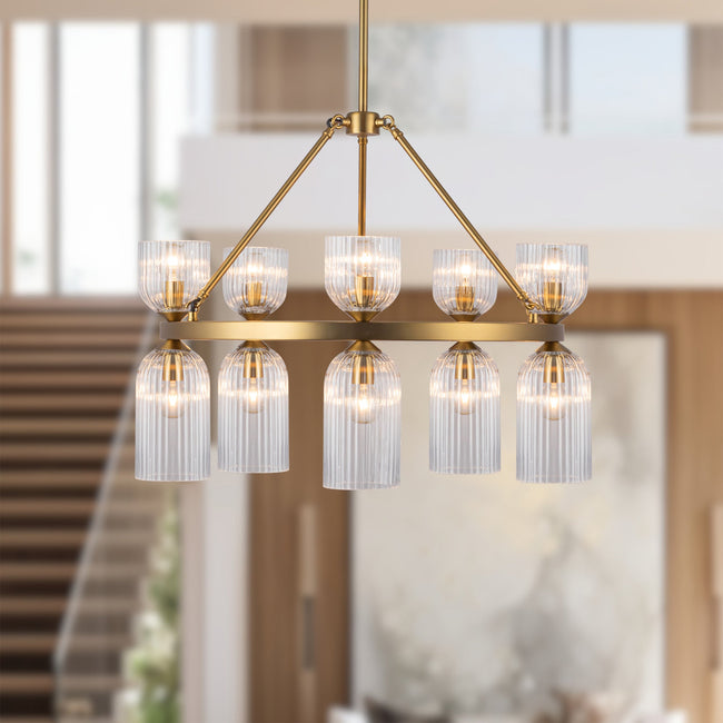 Nelly 26" 10-Light Chandelier - room setting, Brushed Gold/Clear Ribbed Glass [Alora-CH442626BGCR|CUSTOM|2]