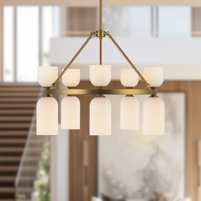 Nelly 26" 10-Light Chandelier - room setting, Brushed Gold/Glossy Ribbed Opal Glass [Alora-CH442626BGGR|CUSTOM|1]