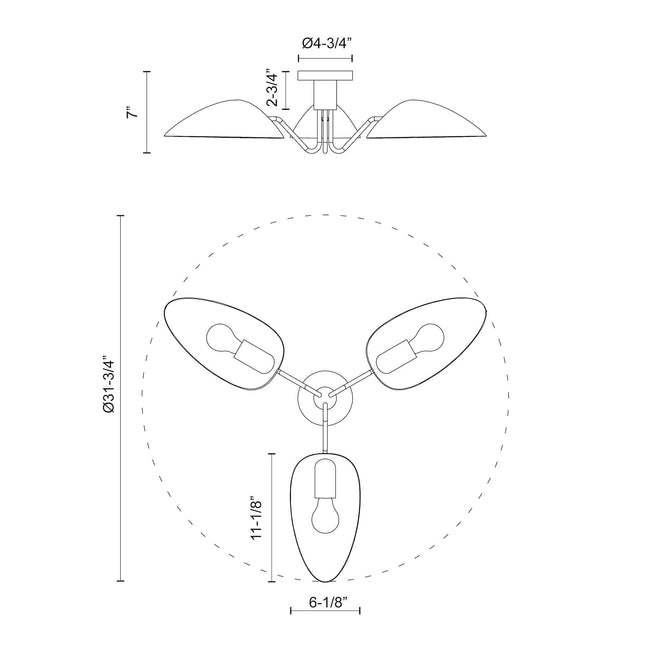 Oscar 32" 3-Light Semi-Flush Mount - dimension drawing 1 [Alora-SF550332MBAG|CUSTOM|1]