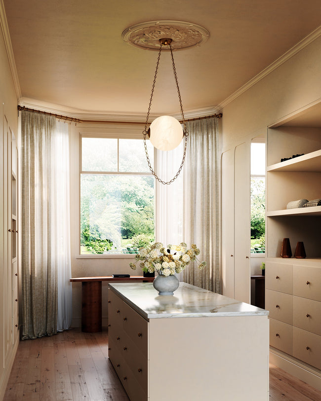 Petra 10" LED Pendant - room setting, Vintage Brass/Cloudy Glass [Alora-PD372010VBCDG|CUSTOM|1]