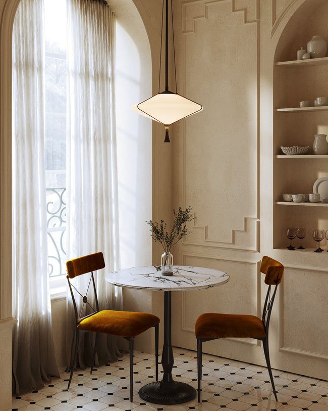 Reeve 15" Pendant - room setting, Matte Black/Matte Opal Glass [Alora-PD481015MBOP|CUSTOM|1]
