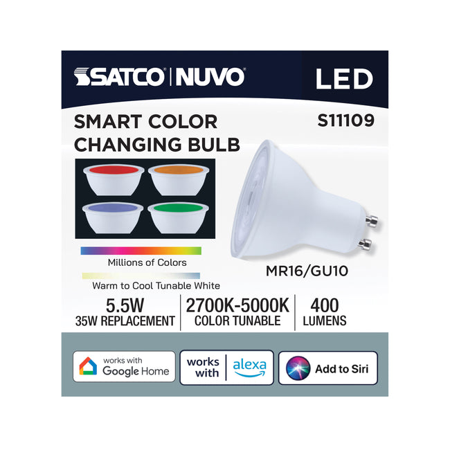 Satco 5.5W (35W Equivalent) MR16 Reflector LED Bulb, GU10 Base, Selectable 2700K-5000K, 90+ CRI, 50° Beam, Dimmable, Damp Rated, alternate view [Satco-S11109|CUSTOM|1]