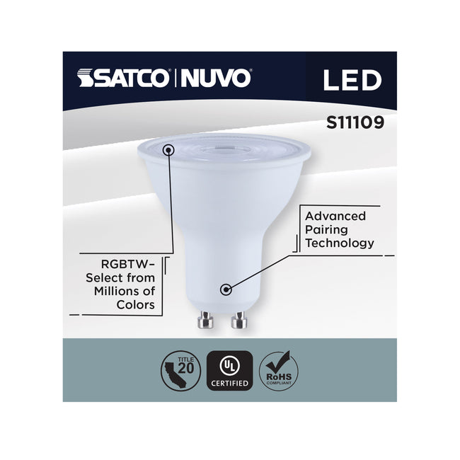 Satco 5.5W (35W Equivalent) MR16 Reflector LED Bulb, GU10 Base, Selectable 2700K-5000K, 90+ CRI, 50° Beam, Dimmable, Damp Rated, alternate view [Satco-S11109|CUSTOM|2]