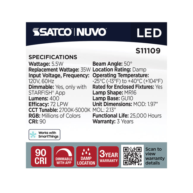 Satco 5.5W (35W Equivalent) MR16 Reflector LED Bulb, GU10 Base, Selectable 2700K-5000K, 90+ CRI, 50° Beam, Dimmable, Damp Rated, alternate view [Satco-S11109|CUSTOM|3]