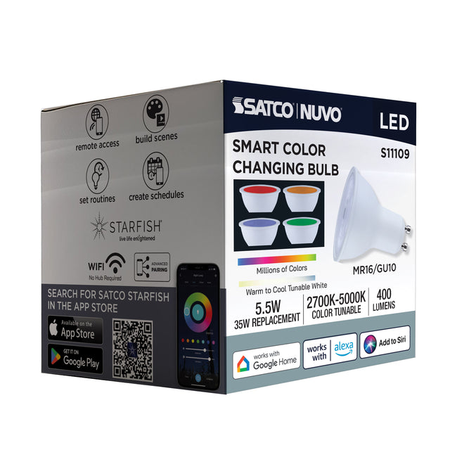 Satco 5.5W (35W Equivalent) MR16 Reflector LED Bulb, GU10 Base, Selectable 2700K-5000K, 90+ CRI, 50° Beam, Dimmable, Damp Rated, alternate view [Satco-S11109|CUSTOM|6]