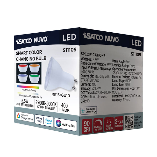 Satco 5.5W (35W Equivalent) MR16 Reflector LED Bulb, GU10 Base, Selectable 2700K-5000K, 90+ CRI, 50° Beam, Dimmable, Damp Rated, alternate view [Satco-S11109|CUSTOM|7]