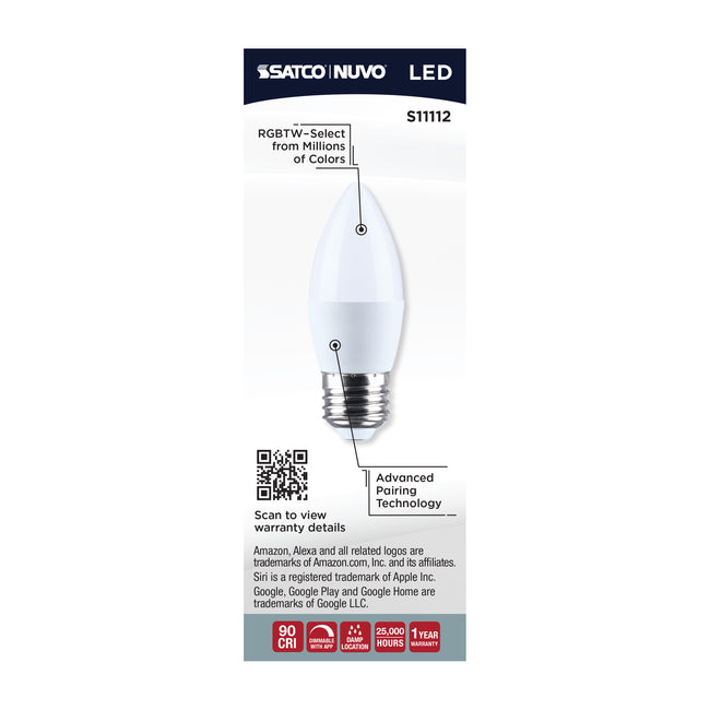 Satco 5.5W (40W Equivalent) B11 Torpedo LED Bulb, E26 Medium Base, Selectable 2700K-5000K, 90+ CRI, Dimmable, Damp Rated, Frost with Frost Glass, alternate view [Satco-S11112|CUSTOM|2]