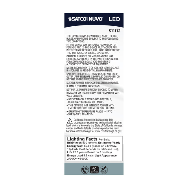 Satco 5.5W (40W Equivalent) B11 Torpedo LED Bulb, E26 Medium Base, Selectable 2700K-5000K, 90+ CRI, Dimmable, Damp Rated, Frost with Frost Glass, alternate view [Satco-S11112|CUSTOM|3]
