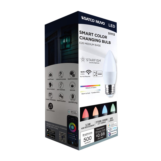 Satco 5.5W (40W Equivalent) B11 Torpedo LED Bulb, E26 Medium Base, Selectable 2700K-5000K, 90+ CRI, Dimmable, Damp Rated, Frost with Frost Glass, alternate view [Satco-S11112|CUSTOM|5]
