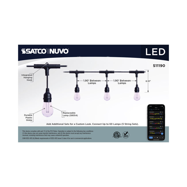 Satco Starfish, 24 Foot LED String Light, 12-S14 Lamps, IOT, RGBTW, 120V, Black, alternate view [Satco-S11190|CUSTOM|2]