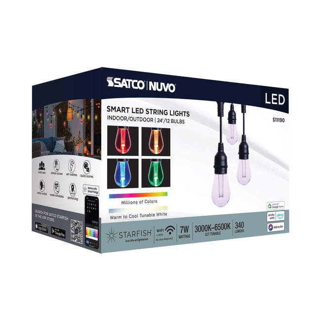 Satco Starfish, 24 Foot LED String Light, 12-S14 Lamps, IOT, RGBTW, 120V, Black, alternate view [Satco-S11190|CUSTOM|6]