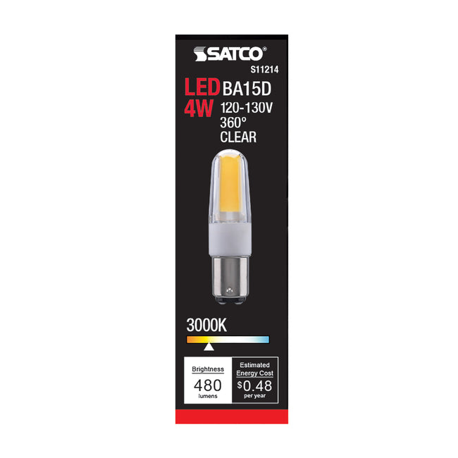 Satco 4W (35W Equivalent) T4 LED Bulb, BA15d Base, 3000K, 80+ CRI, Dimmable, Damp Rated, alternate view [Satco-S11214|CUSTOM|3]