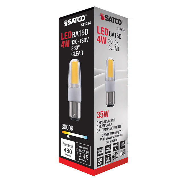 Satco 4W (35W Equivalent) T4 LED Bulb, BA15d Base, 3000K, 80+ CRI, Dimmable, Damp Rated, alternate view [Satco-S11214|CUSTOM|4]
