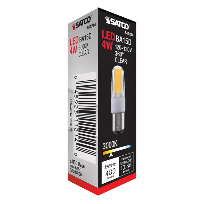 Satco 4W (35W Equivalent) T4 LED Bulb, BA15d Base, 3000K, 80+ CRI, Dimmable, Damp Rated, alternate view [Satco-S11214|CUSTOM|5]