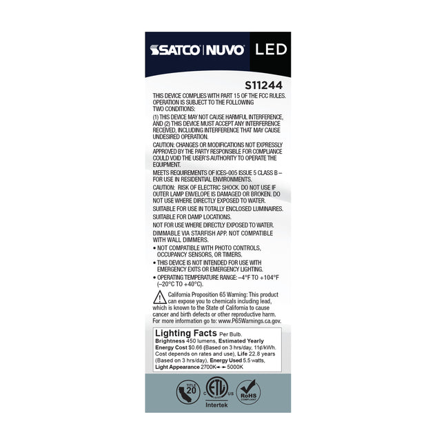 Satco 5.5W (40W Equivalent) T14 LED Bulb, E26 Medium Base, Selectable 2700K-5000K, 90+ CRI, Dimmable, Damp Rated, Clear, alternate view [Satco-S11244|CUSTOM|1]